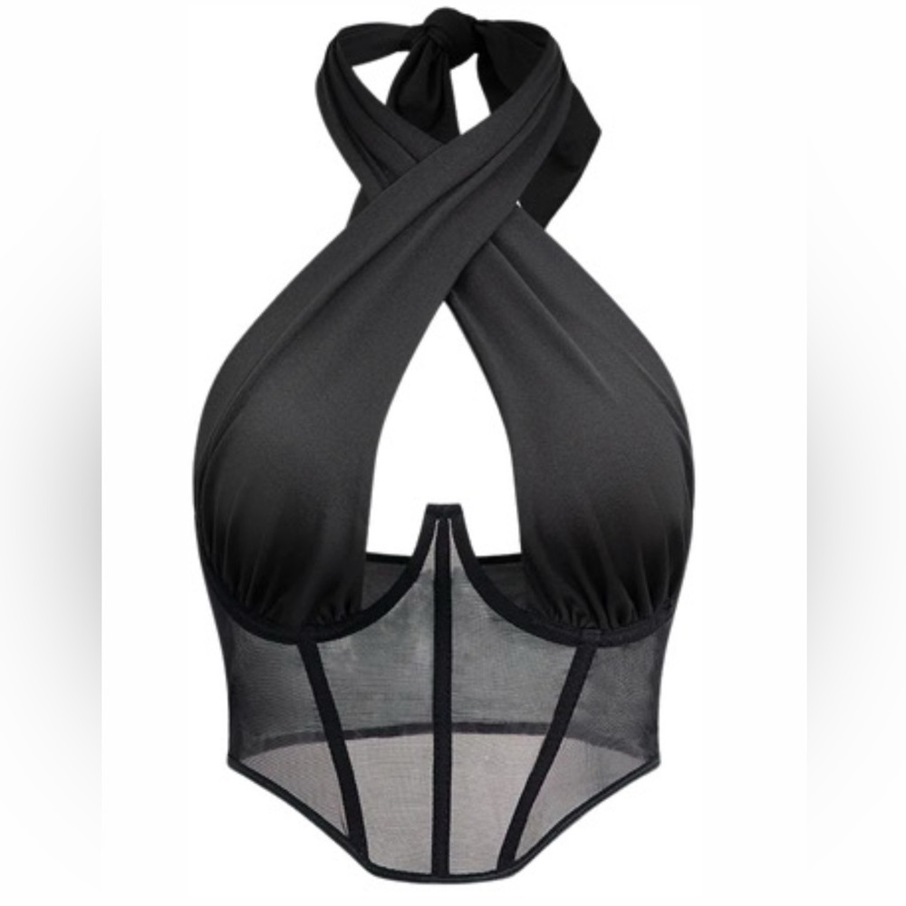 Black mesh / satin halter-neck corset top